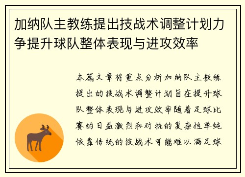 加纳队主教练提出技战术调整计划力争提升球队整体表现与进攻效率