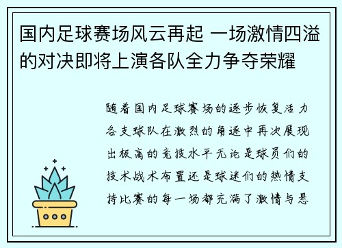 国内足球赛场风云再起 一场激情四溢的对决即将上演各队全力争夺荣耀