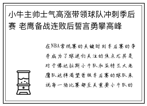 小牛主帅士气高涨带领球队冲刺季后赛 老鹰备战连败后誓言勇攀高峰