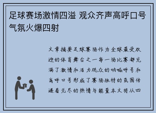 足球赛场激情四溢 观众齐声高呼口号气氛火爆四射