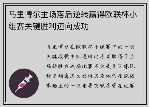 马里博尔主场落后逆转赢得欧联杯小组赛关键胜利迈向成功