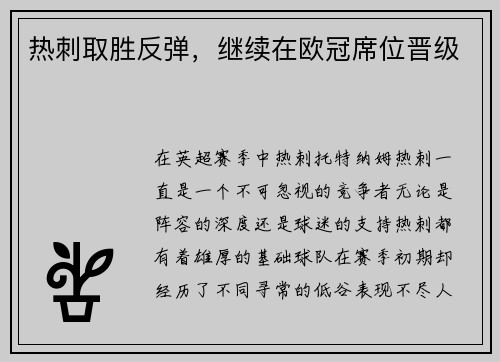 热刺取胜反弹，继续在欧冠席位晋级